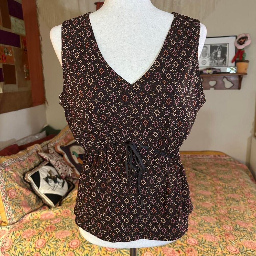 2005 Sigrid Olsen Brown Geometric Boho Drawstring Detailed Tank